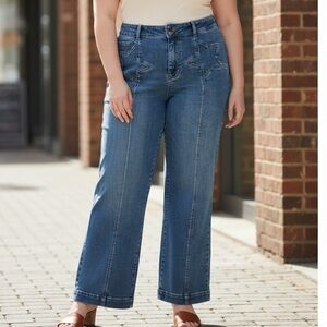 Judy Blue High Waist Double Button‎ Star & Front Seam Detail Wide Leg Denim 24W